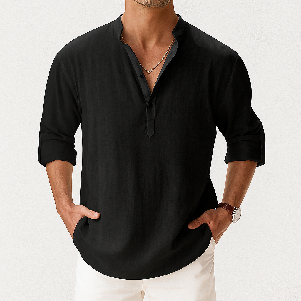 Chemise en lin pour homme avec col mao et manches longues