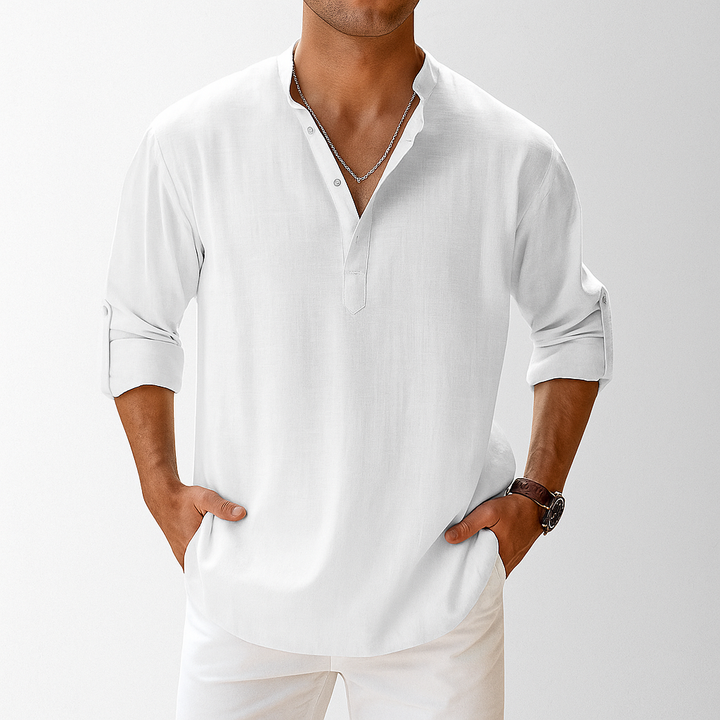 Chemise en lin pour homme avec col mao et manches longues