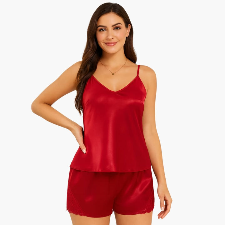 Conjunto de pijama de satén para mujer con camisola y pantalón corto
