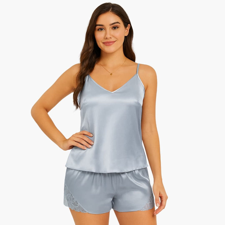 Conjunto de pijama de satén para mujer con camisola y pantalón corto