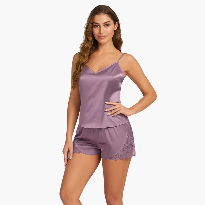 Conjunto de pijama de satén para mujer con camisola y pantalón corto