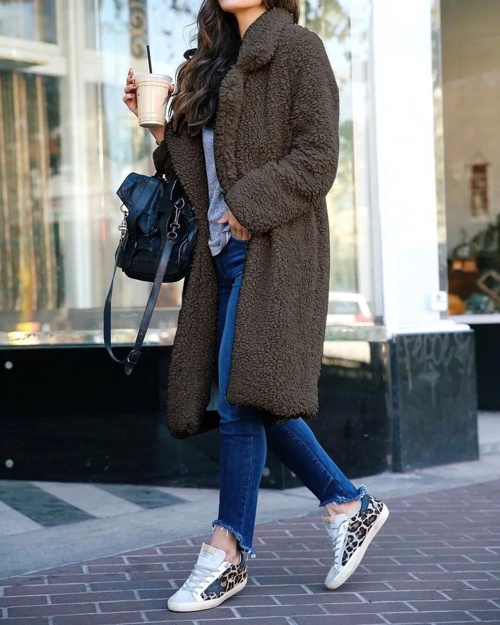 Oversizowy płaszcz z owczej podszewki dla kobiet | Długi zimowy