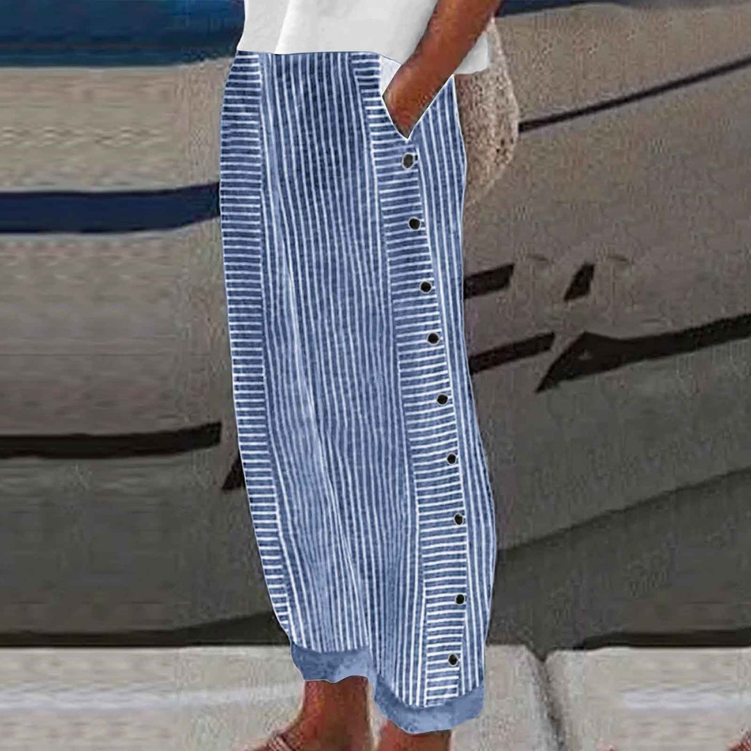 Pantalones de Lino y Algodón para Mujer | Pantalón de Rayas con Botones Laterales y Cintura Elástica de Corte Relajado