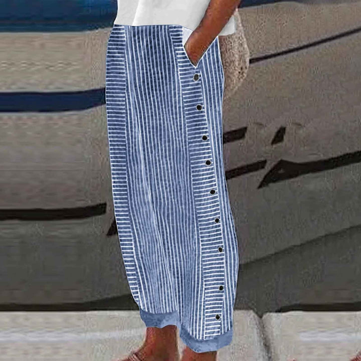 Pantalones de Lino y Algodón para Mujer | Pantalón de Rayas con Botones Laterales y Cintura Elástica de Corte Relajado