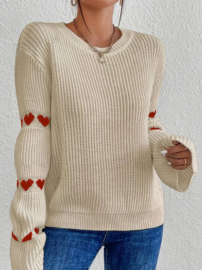 Suéter de Cuello Redondo de Corte Relajado para Mujeres | Jersey de Patrón de Corazón