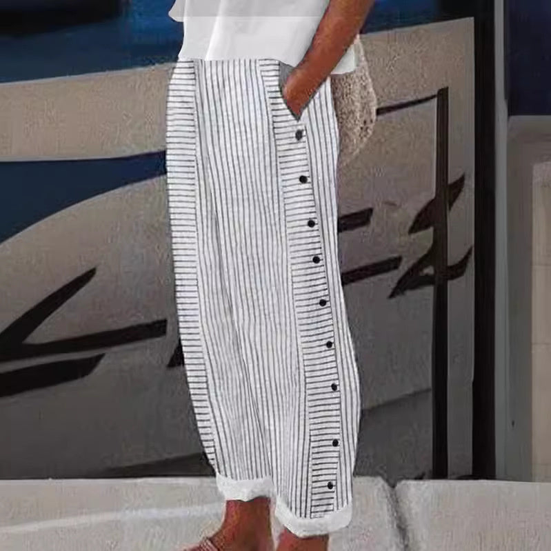 Pantalones de Lino y Algodón para Mujer | Pantalón de Rayas con Botones Laterales y Cintura Elástica de Corte Relajado