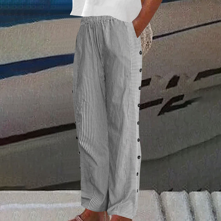 Pantalones de Lino y Algodón para Mujer | Pantalón de Rayas con Botones Laterales y Cintura Elástica de Corte Relajado