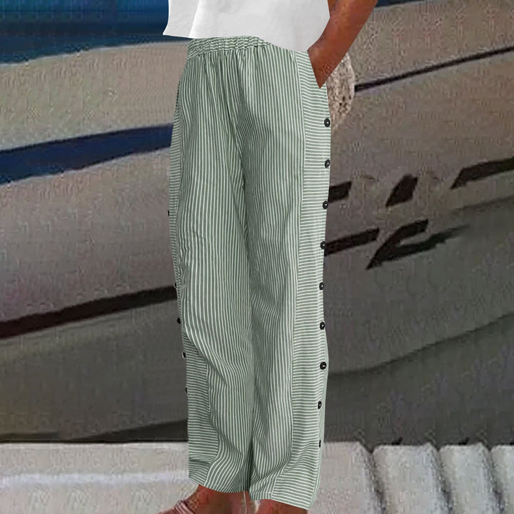 Pantalones de Lino y Algodón para Mujer | Pantalón de Rayas con Botones Laterales y Cintura Elástica de Corte Relajado