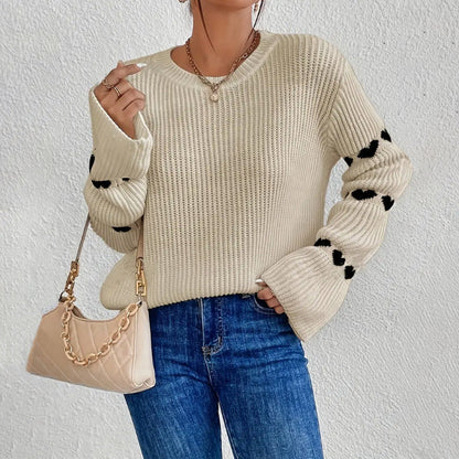 Suéter de Cuello Redondo de Corte Relajado para Mujeres | Jersey de Patrón de Corazón
