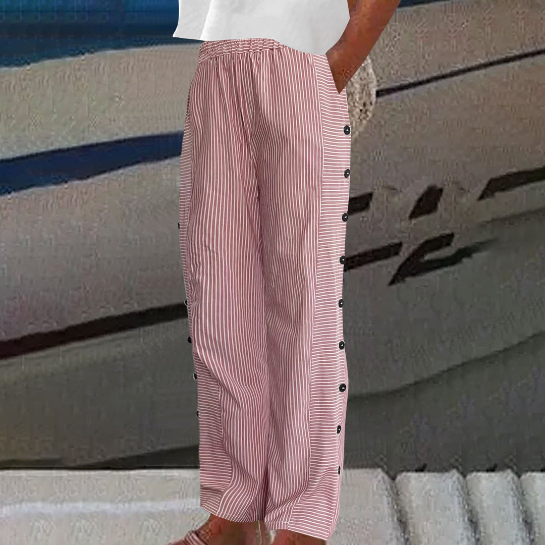 Pantalones de Lino y Algodón para Mujer | Pantalón de Rayas con Botones Laterales y Cintura Elástica de Corte Relajado