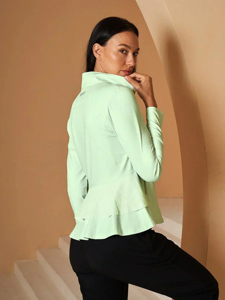 Dámská golfová bunda s ochranou proti slunci | Lehká sportovní bunda na zip s volánkovým detailem