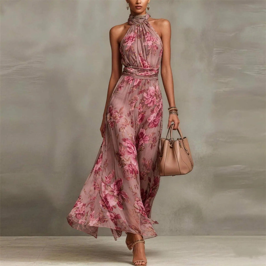 Vestido Largo de Fiesta para Invitada de Boda con Estampado Floral y Cuello Halter | Diseño Elegante con Cintura Fruncida