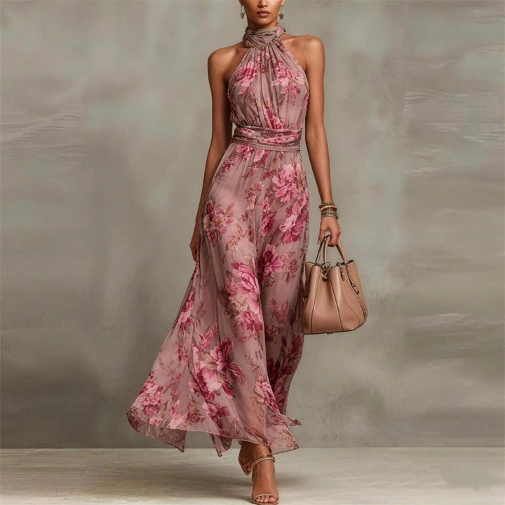 Vestido Largo de Fiesta para Invitada de Boda con Estampado Floral y Cuello Halter | Diseño Elegante con Cintura Fruncida