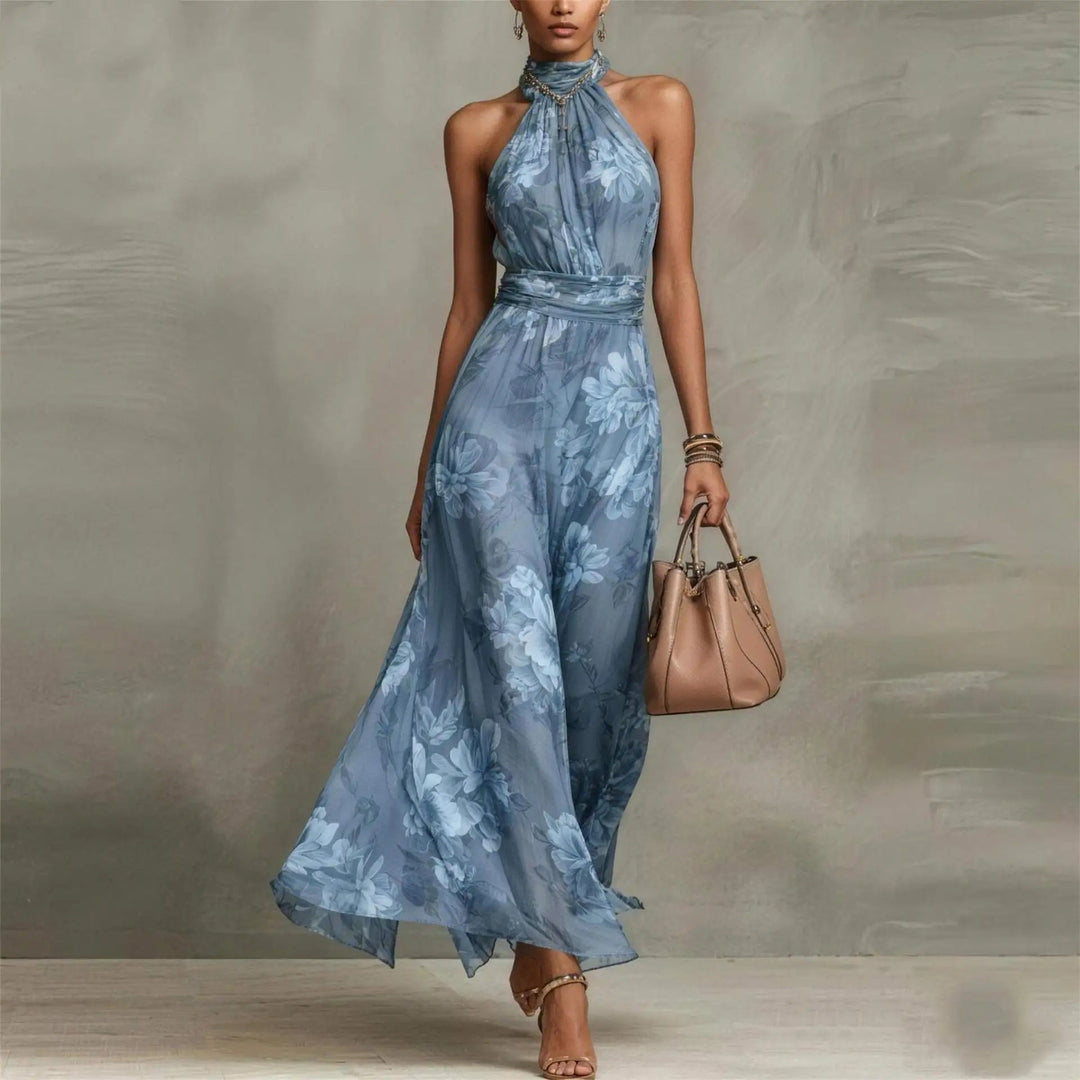 Vestido Largo de Fiesta para Invitada de Boda con Estampado Floral y Cuello Halter | Diseño Elegante con Cintura Fruncida