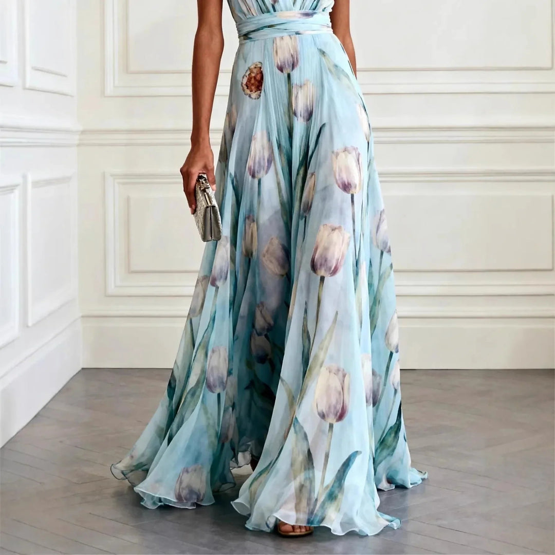 Vestido Largo de Fiesta para Invitada de Boda con Estampado de Tulipanes y Escote en V - Diseño de Gasa Fluido y Elegante