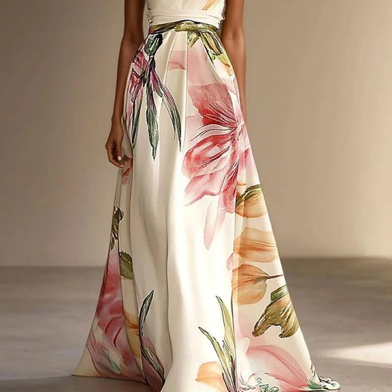 Floral Long Dress for Wedding Guest | Party Dress with Halter Neck and Defined Waist for Summer Events