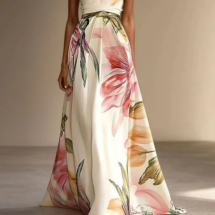 Floral Long Dress for Wedding Guest | Party Dress with Halter Neck and Defined Waist for Summer Events