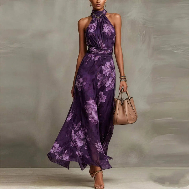 Vestido Largo de Fiesta para Invitada de Boda con Estampado Floral y Cuello Halter | Diseño Elegante con Cintura Fruncida