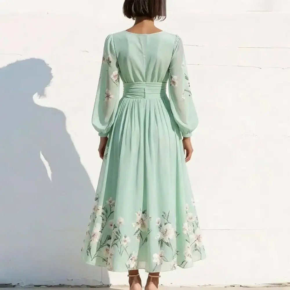 Rochie maxi boho florală cu decolteu în V și mâneci bufante | Rochie lungă cu croială în A și talie înaltă pentru nunți și evenimente