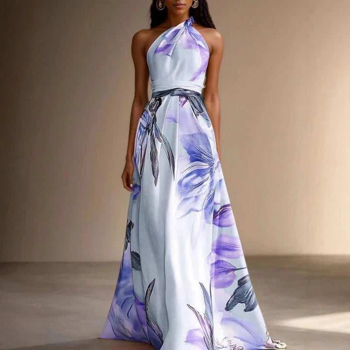 Floral Long Dress for Wedding Guest | Party Dress with Halter Neck and Defined Waist for Summer Events