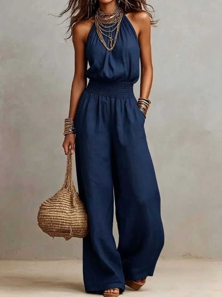 Mono Largo de Mujer con Cuello Halter y Pierna Ancha | Mono Ligero y Fluido con Cintura Elástica para Verano y Viajes