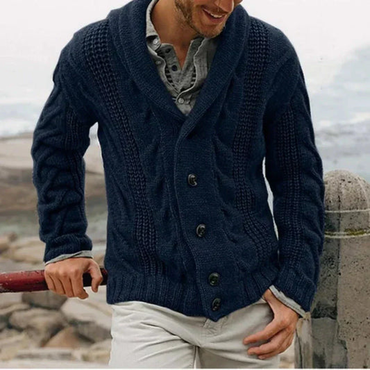 Chaqueta de Punto con Cuello Chal para Hombre | Cárdigan Clásico Cálido en Azul Oscuro
