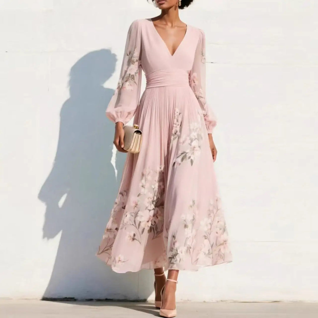 Rochie maxi boho florală cu decolteu în V și mâneci bufante | Rochie lungă cu croială în A și talie înaltă pentru nunți și evenimente