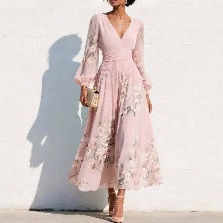 Rochie maxi boho florală cu decolteu în V și mâneci bufante | Rochie lungă cu croială în A și talie înaltă pentru nunți și evenimente