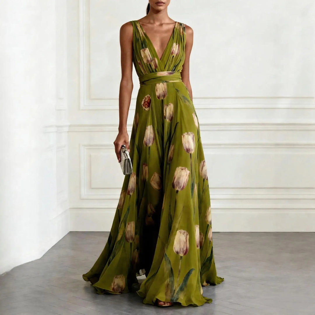 Vestido Largo de Fiesta para Invitada de Boda con Estampado de Tulipanes y Escote en V - Diseño de Gasa Fluido y Elegante