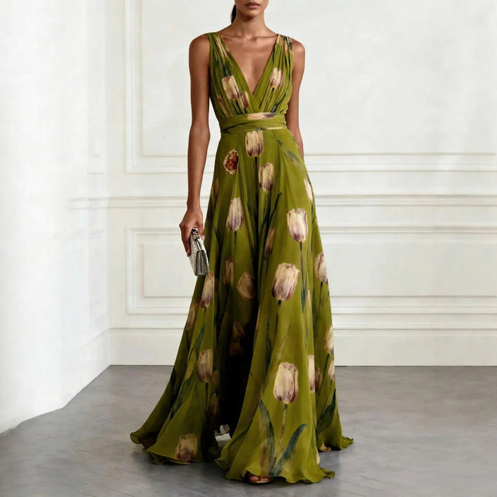 Vestido Largo de Fiesta para Invitada de Boda con Estampado de Tulipanes y Escote en V - Diseño de Gasa Fluido y Elegante