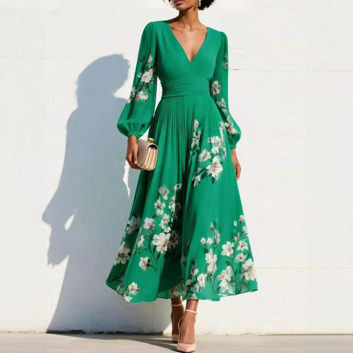 Rochie maxi boho florală cu decolteu în V și mâneci bufante | Rochie lungă cu croială în A și talie înaltă pentru nunți și evenimente
