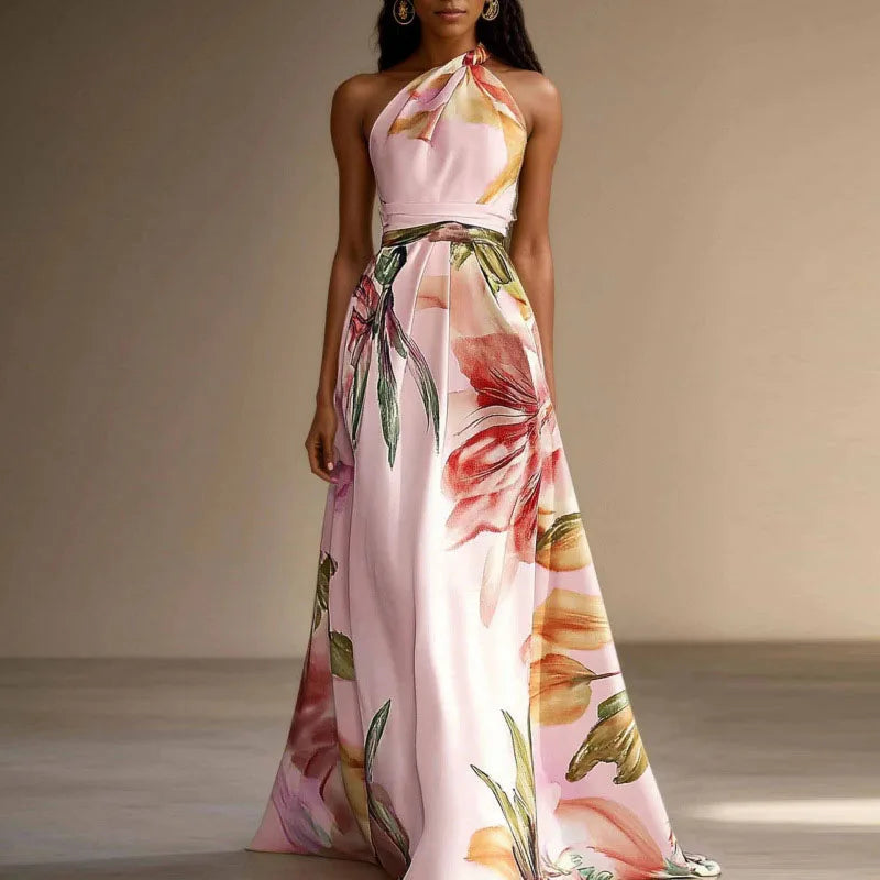 Floral Long Dress for Wedding Guest | Party Dress with Halter Neck and Defined Waist for Summer Events