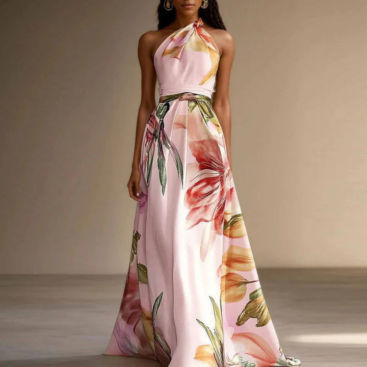 Floral Long Dress for Wedding Guest | Party Dress with Halter Neck and Defined Waist for Summer Events