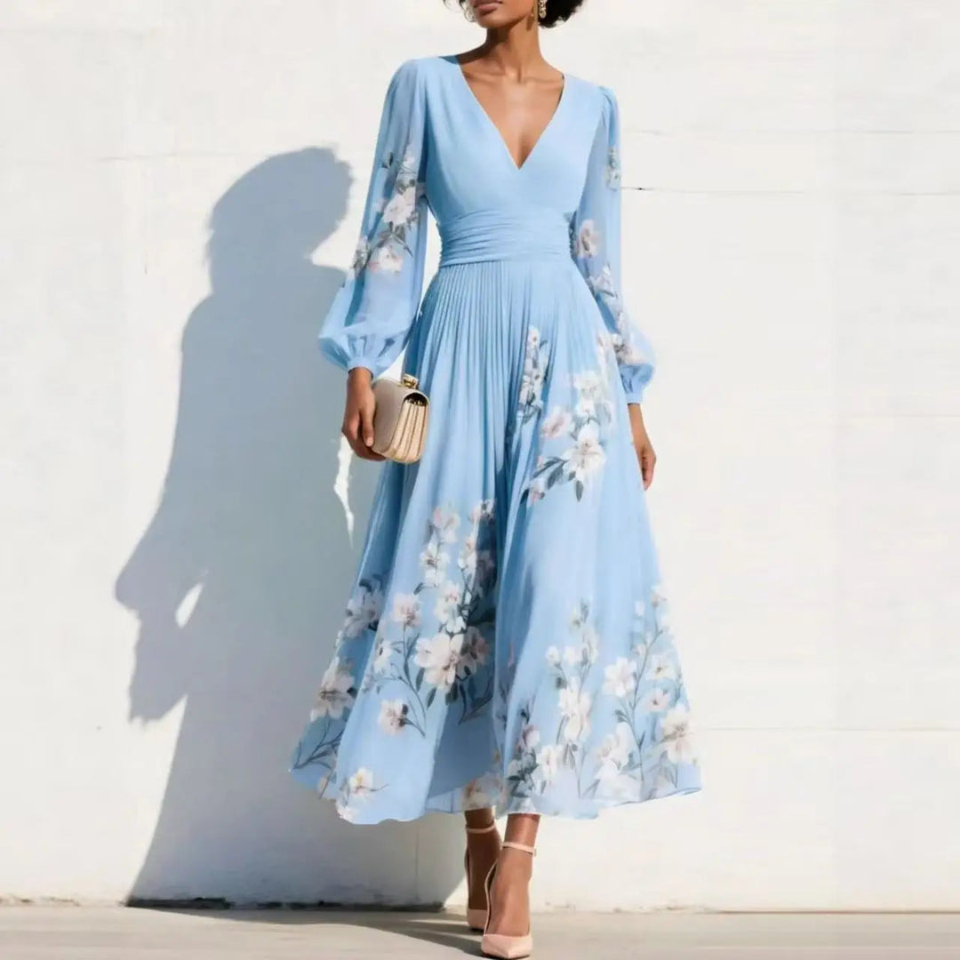 Rochie maxi boho florală cu decolteu în V și mâneci bufante | Rochie lungă cu croială în A și talie înaltă pentru nunți și evenimente
