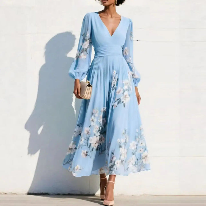 Rochie maxi boho florală cu decolteu în V și mâneci bufante | Rochie lungă cu croială în A și talie înaltă pentru nunți și evenimente