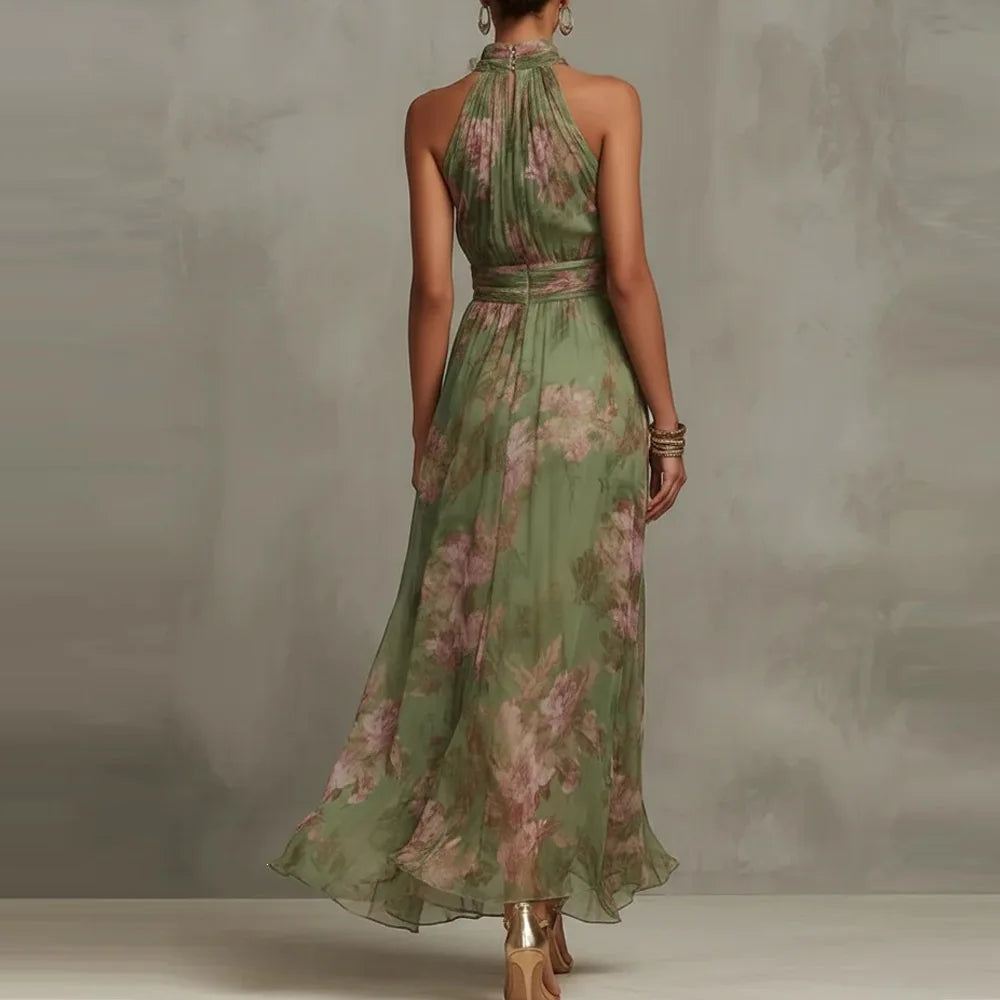 Vestido Largo de Fiesta para Invitada de Boda con Estampado Floral y Cuello Halter | Diseño Elegante con Cintura Fruncida