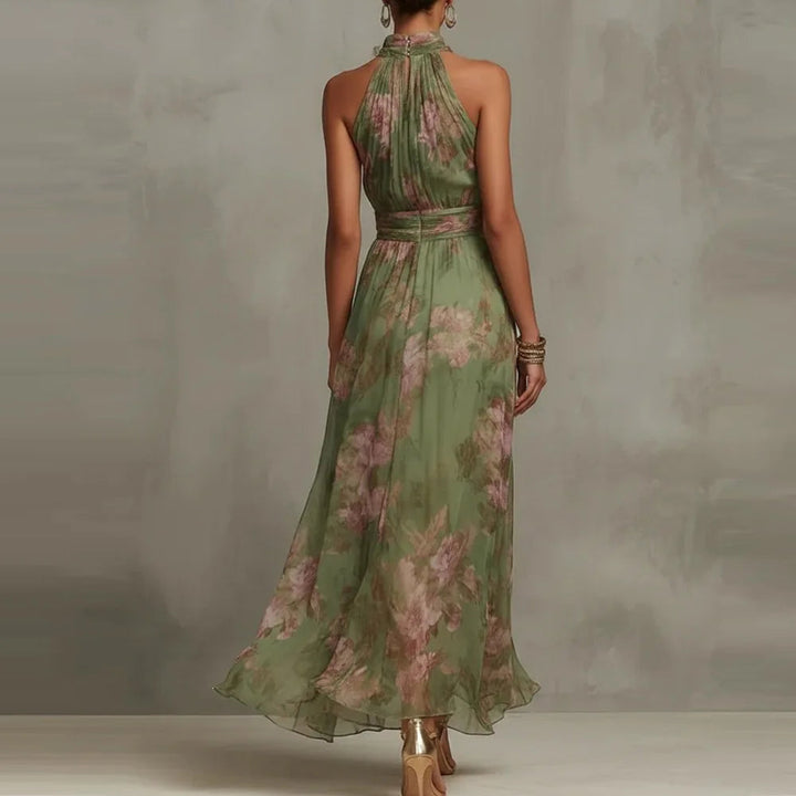 Vestido Largo de Fiesta para Invitada de Boda con Estampado Floral y Cuello Halter | Diseño Elegante con Cintura Fruncida
