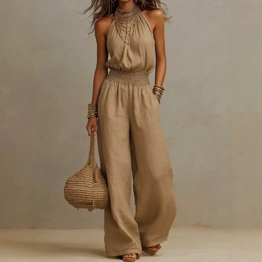 Mono Largo de Mujer con Cuello Halter y Pierna Ancha | Mono Ligero y Fluido con Cintura Elástica para Verano y Viajes