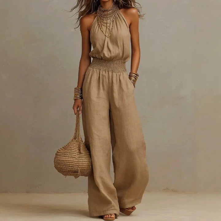 Mono Largo de Mujer con Cuello Halter y Pierna Ancha | Mono Ligero y Fluido con Cintura Elástica para Verano y Viajes