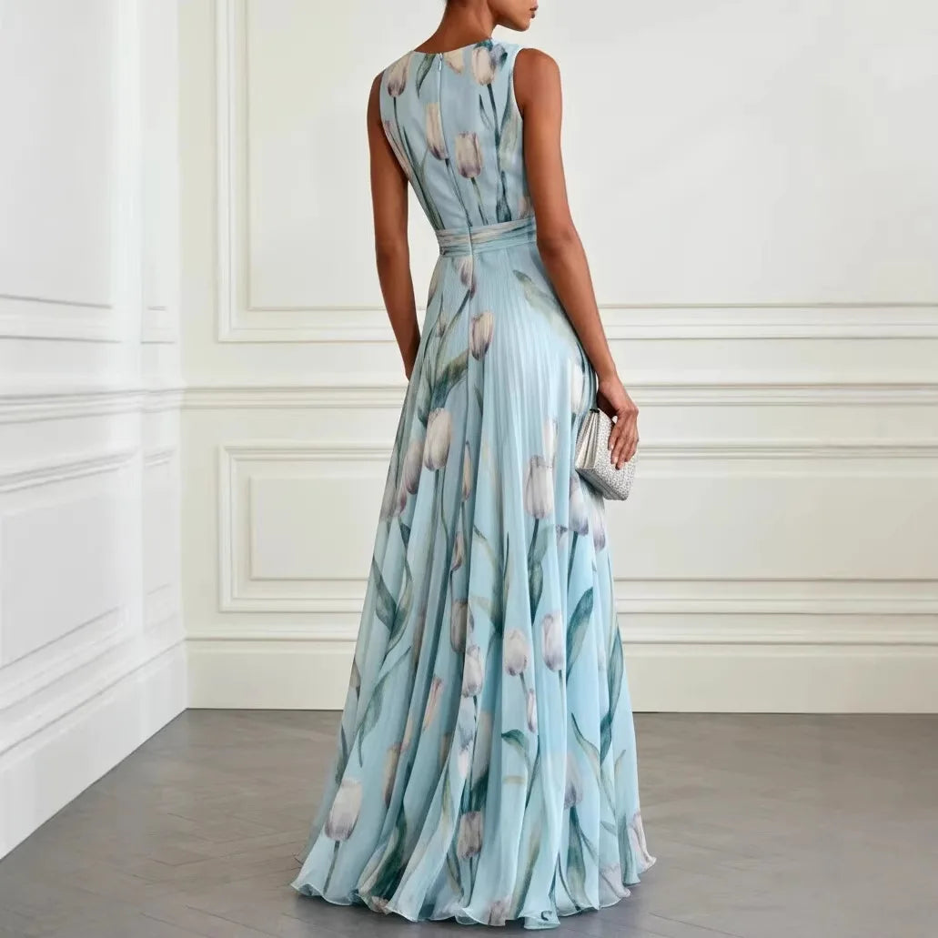 Vestido Largo de Fiesta para Invitada de Boda con Estampado de Tulipanes y Escote en V - Diseño de Gasa Fluido y Elegante