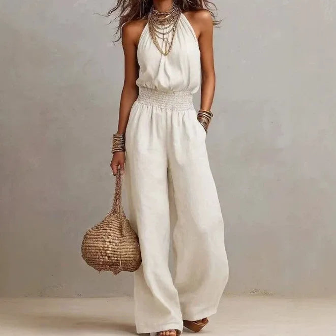 Mono Largo de Mujer con Cuello Halter y Pierna Ancha | Mono Ligero y Fluido con Cintura Elástica para Verano y Viajes