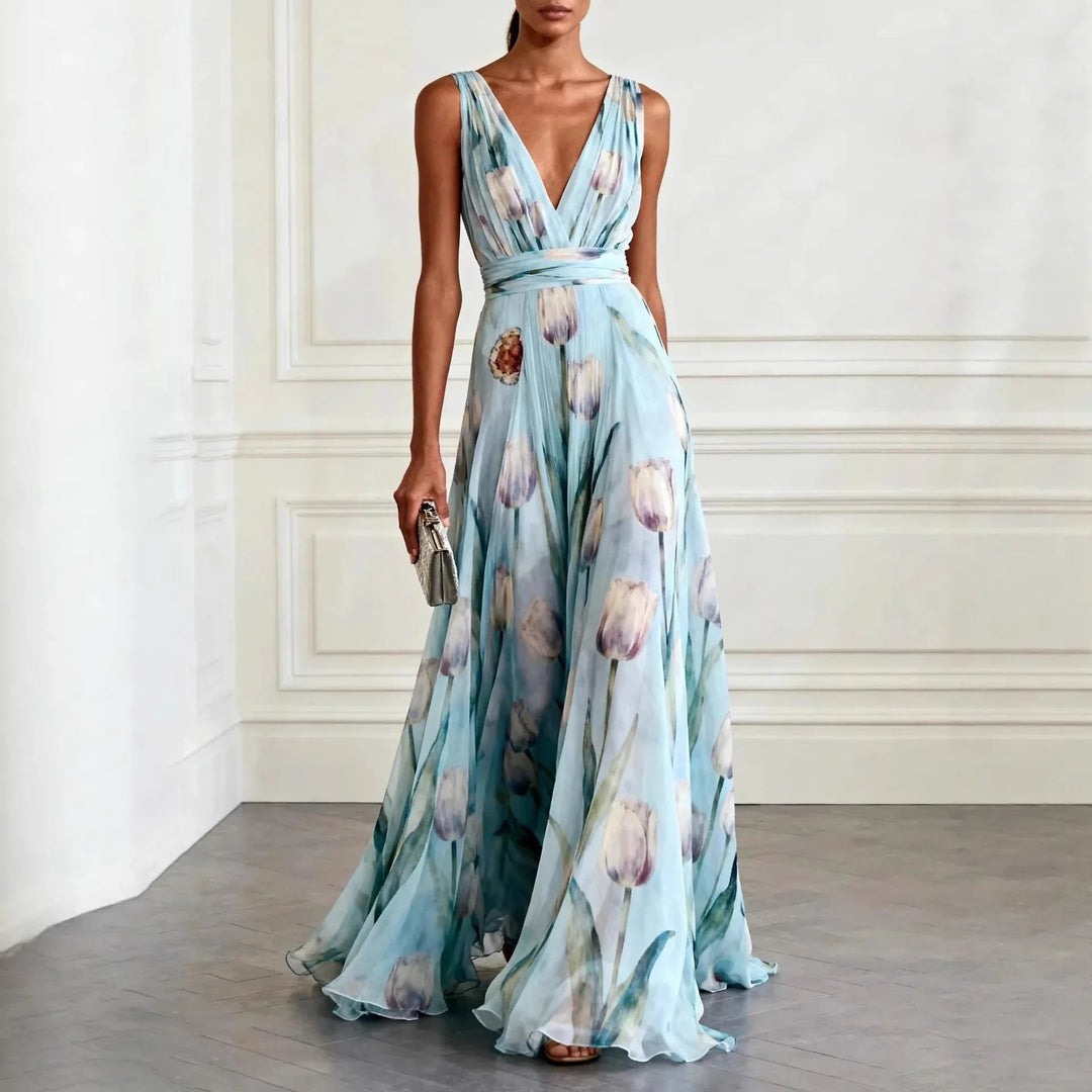 Vestido Largo de Fiesta para Invitada de Boda con Estampado de Tulipanes y Escote en V - Diseño de Gasa Fluido y Elegante