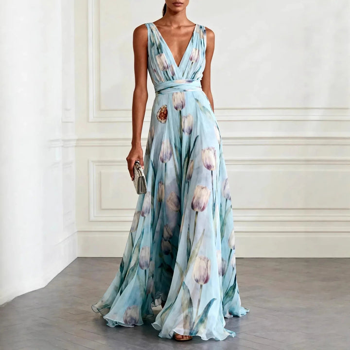 Vestido Largo de Fiesta para Invitada de Boda con Estampado de Tulipanes y Escote en V - Diseño de Gasa Fluido y Elegante