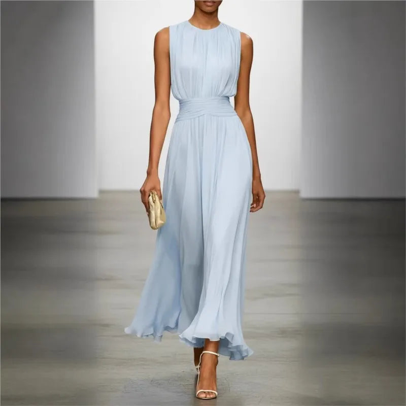 Ärmelloses langes Kleid für Damen mit Plissee-Design und definierter Taille | Fließendes, leichtes Maxikleid für besondere Anlässe