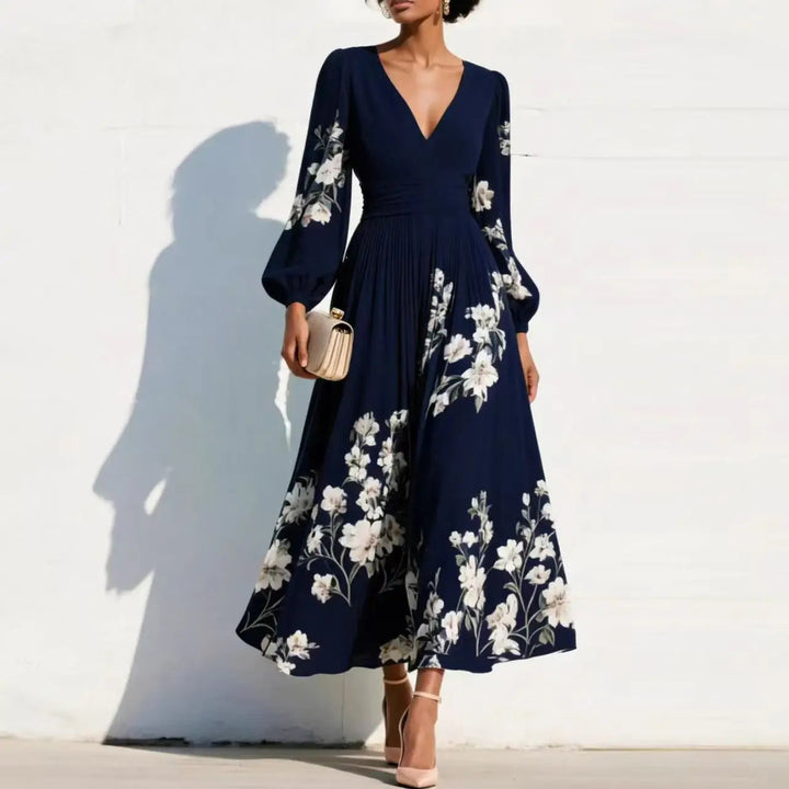 Rochie maxi boho florală cu decolteu în V și mâneci bufante | Rochie lungă cu croială în A și talie înaltă pentru nunți și evenimente