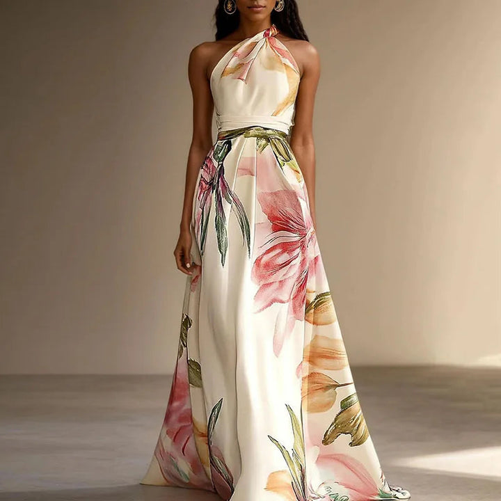 Floral Long Dress for Wedding Guest | Party Dress with Halter Neck and Defined Waist for Summer Events