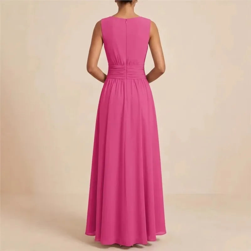 Ärmelloses langes Kleid für Damen mit Plissee-Design und definierter Taille | Fließendes, leichtes Maxikleid für besondere Anlässe