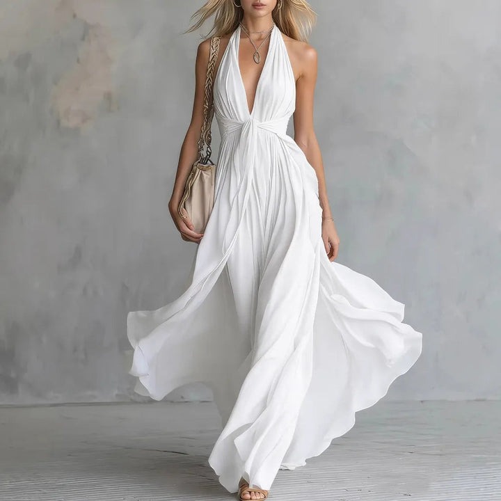 Langes Abendkleid mit Neckholder und offenem Rücken | Fließendes Maxikleid mit sanfter Plissee-Optik für Veranstaltungen