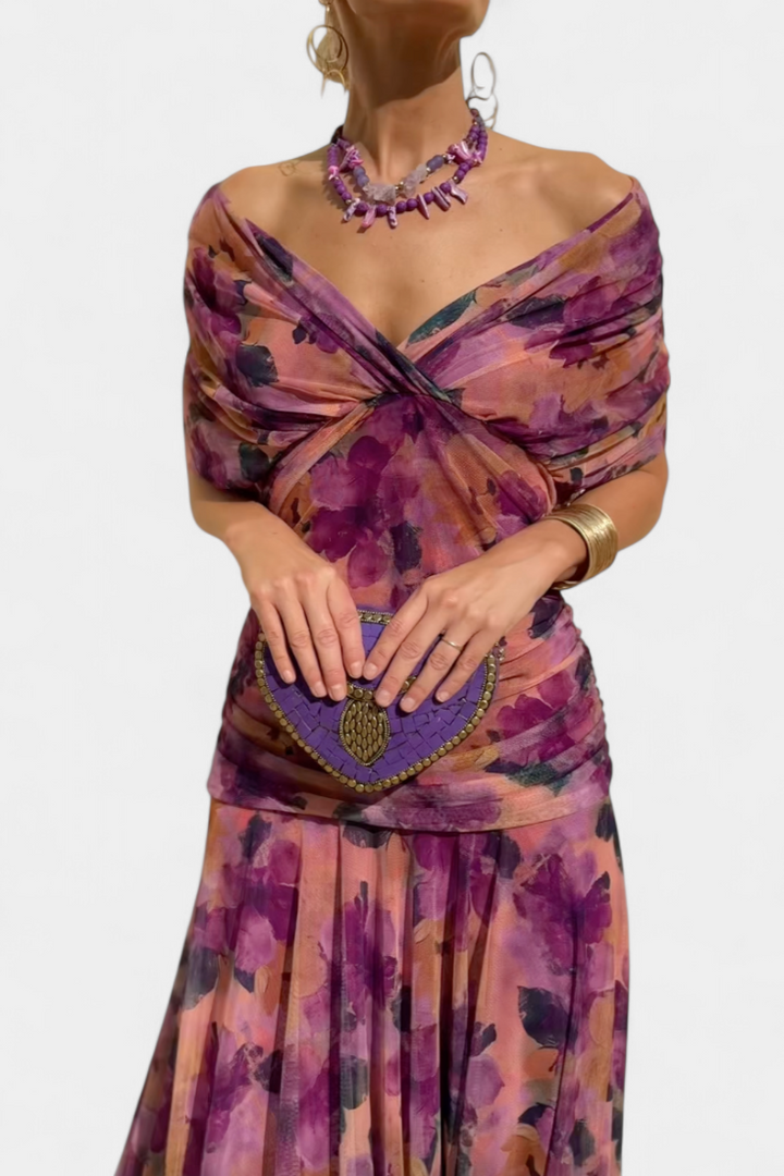 Vestido Largo Estampado Floral con Escote en V y Cintura Plisada | Vestido de Fiesta Elegante para Mujer y Eventos Especiales