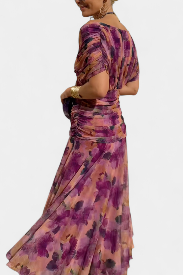 Vestido Largo Estampado Floral con Escote en V y Cintura Plisada | Vestido de Fiesta Elegante para Mujer y Eventos Especiales